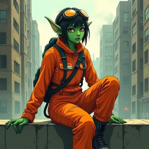 Illustration in modern anime style with realistic textures and lighting. Bold outlines and dynamic cel-shading. Goblin character with green skin and pointed ears. Wearing orange jumpsuit suggesting worker role. Short messy hair with aviator goggles. Sitting on ledge in urban environment. Smoking a cigarette. Background features dilapidated cityscape in muted gray and brown. Lighting enhances depth and atmosphere, suggesting early morning or late evening. Mood is moody and introspective with warmth from character's clothing.