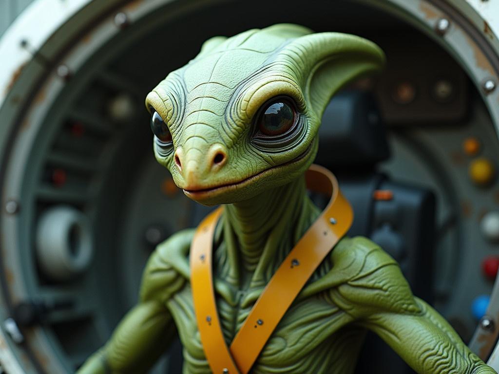 Full shot of extraterrestrial creature in spaceship cockpit. Skin is olive green. No mask or helmet present. Sharp bird-shaped nose. Eyes resemble shark eyes. Yellow belt and chest belt visible.