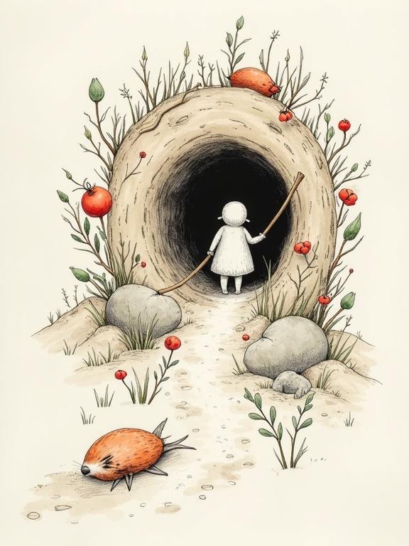 Illustration of child approaching a rabbit hole surrounded by plants and rocks. The child wears a white dress. The scene has a vintage vibe with a natural color palette and expressive lines.