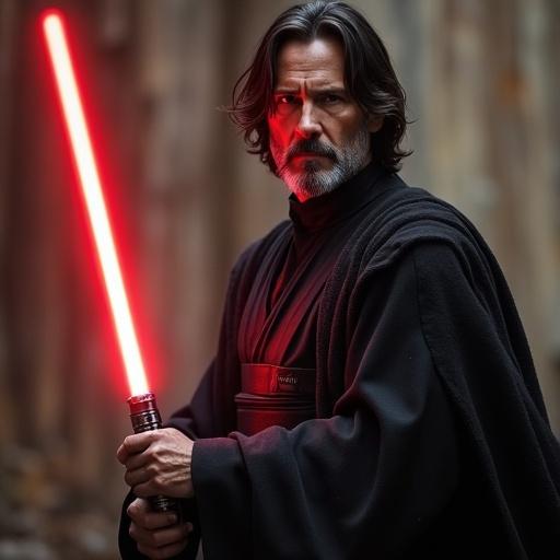 A male character dressed as a Jedi knight holds a red lightsaber. Character shows a serious expression. Dark robes and dramatic lighting enhance the mysterious atmosphere.