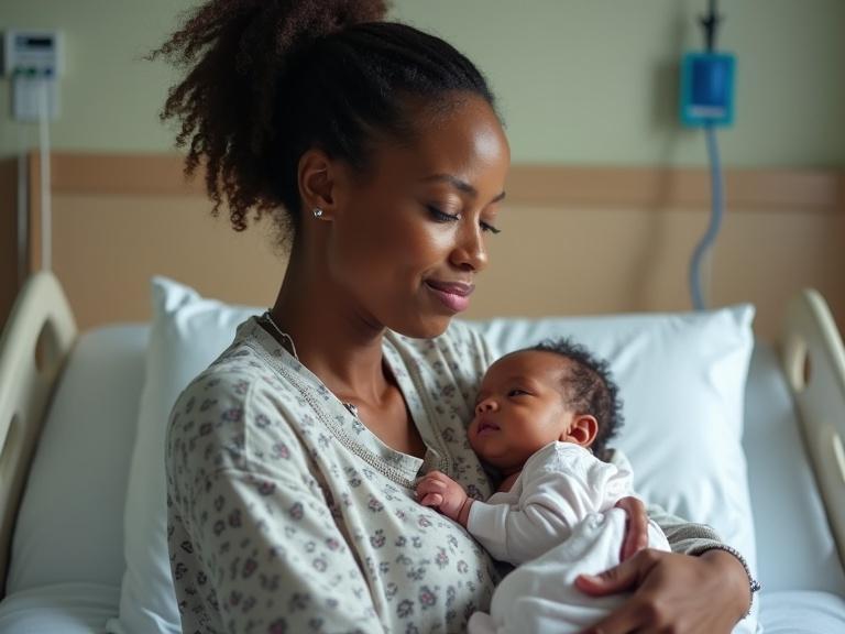 African woman holding her newborn baby in a hospital bed. Warm and tender family moment. Soft natural light enhances emotions.