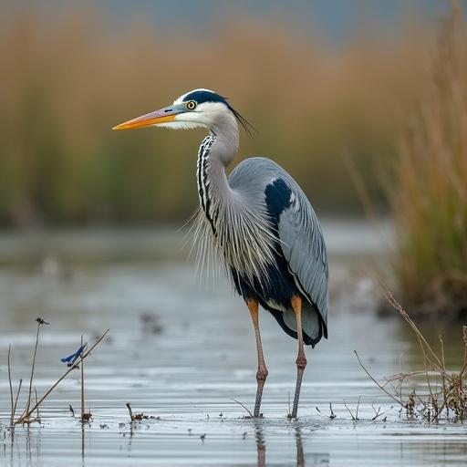 Great blue heron wading in shallow marsh water hunting for fish. Long legs partially submerged with droplets on feathers. Background filled with reeds and dragonflies with soft diffused light from overcast sky. Include bird photography natural posture 1/1000s shutter.