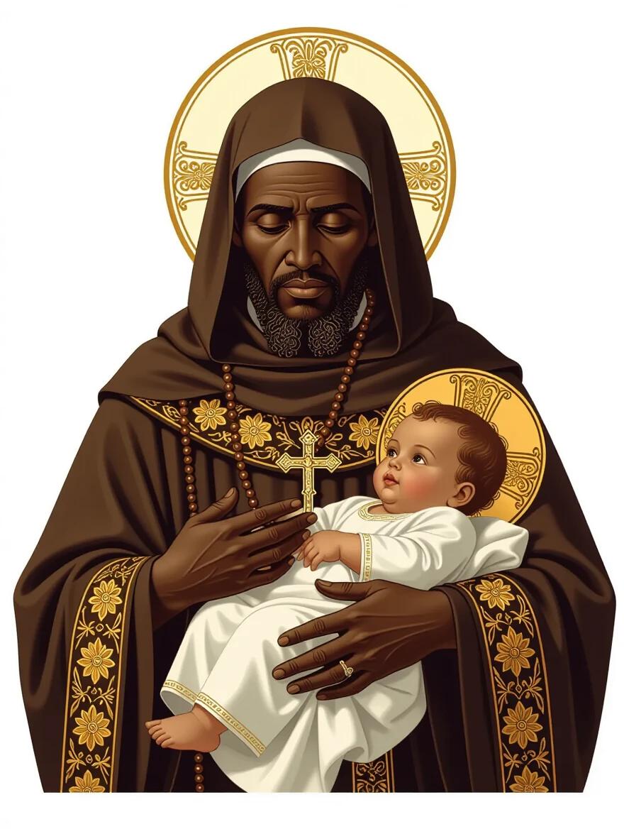 High-resolution digital painting of Saint Benedict the Moor as a humble Black friar holding the infant Jesus. Dark brown Franciscan habit with golden floral embroidery. Rosary hangs from waist. Baby Jesus on white cloth with gold details. Serene and reverent expression. Classical religious art style, pure white background. Centered composition with crisp details and soft shading. Suitable for canvas print with transparent margins.