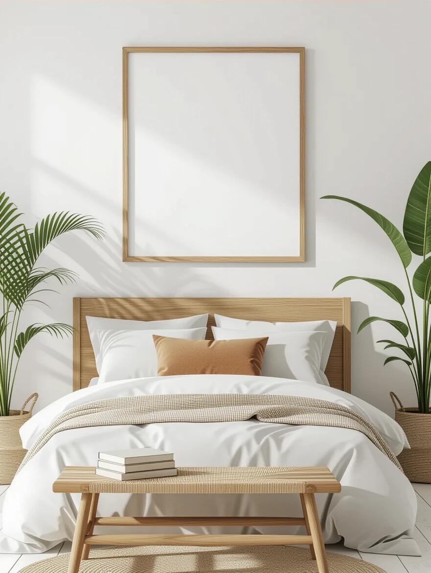 Minimalist bedroom setup with a wooden bed frame and white bedding. Picture frame above the bed. Light-colored wall with large plants nearby. Soft lighting complements the earthy tones.