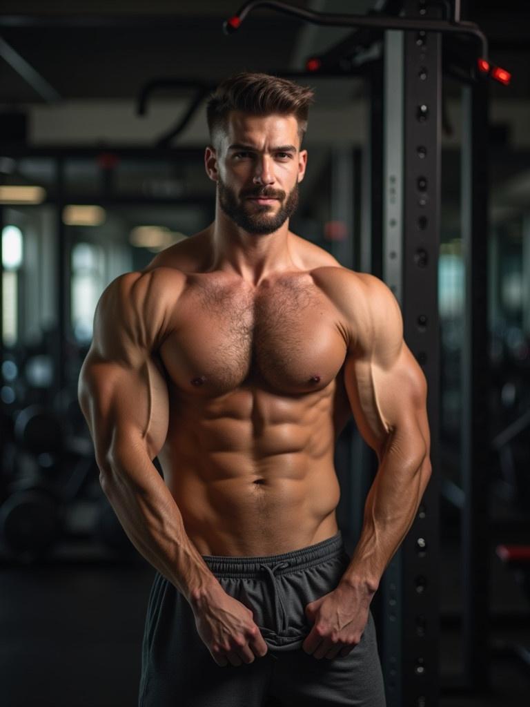 Fitness man demonstrates shoulder exercises in a gym. Strong physique showcasing muscle definition. Engaging in movement for strength training. Indoor workout environment with gym equipment in the background.