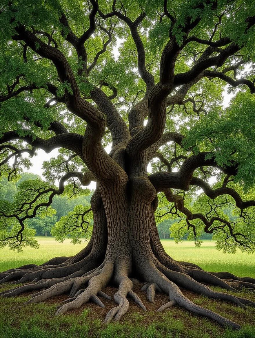 Realistic depiction of an ancient oak tree features gnarled roots and dense foliage in a lush green landscape.