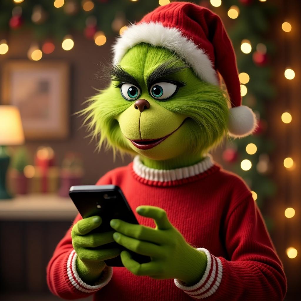 Grinch character holds a phone. Character wears a red festive sweater. Background decorated with holiday lights and ornaments. Cheerful atmosphere present.