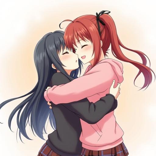 Two anime girls hugging in a warm and affectionate embrace. One has long black hair while the other has long red hair. They express joy and love in their interaction.