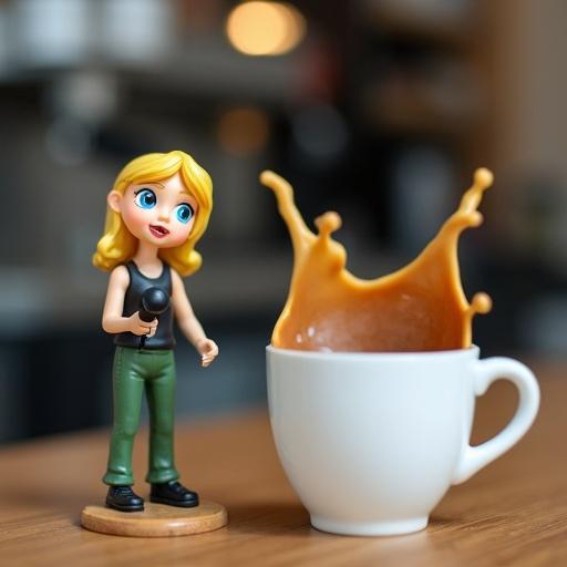 A miniature figurine of a young girl with blonde hair and blue eyes. Girl wears a black tank top and green pants. The figurine holds a microphone in right hand. A large white coffee cup is in the foreground. Coffee splashes out creating energy. The setting is a coffee shop with blurred background elements.