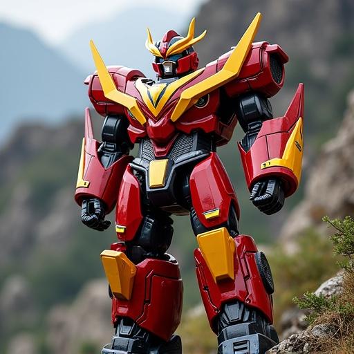 Power Rangers Megazord in a natural setting. Photorealistic with detailed textures. Captured using a DSLR with a wide angle lens.
