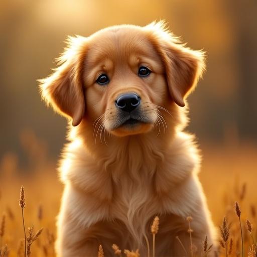 A golden retriever puppy with a soft expression. The puppy has fluffy fur and bright eyes. Surrounded by golden grass in a warm sunlight setting.