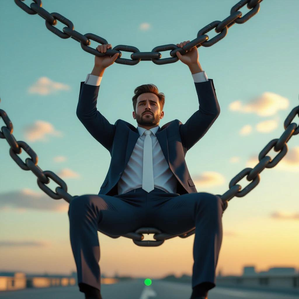 A man in a dark blue suit sits on a massive chain link with a worried expression. Arms raised; gripping another chain link. Wearing a white tie. Light green sky at sunset fills the background. Soft white clouds illuminated. Horizontal neon lights glow across the scene. Realistic 3D style with sharp details.