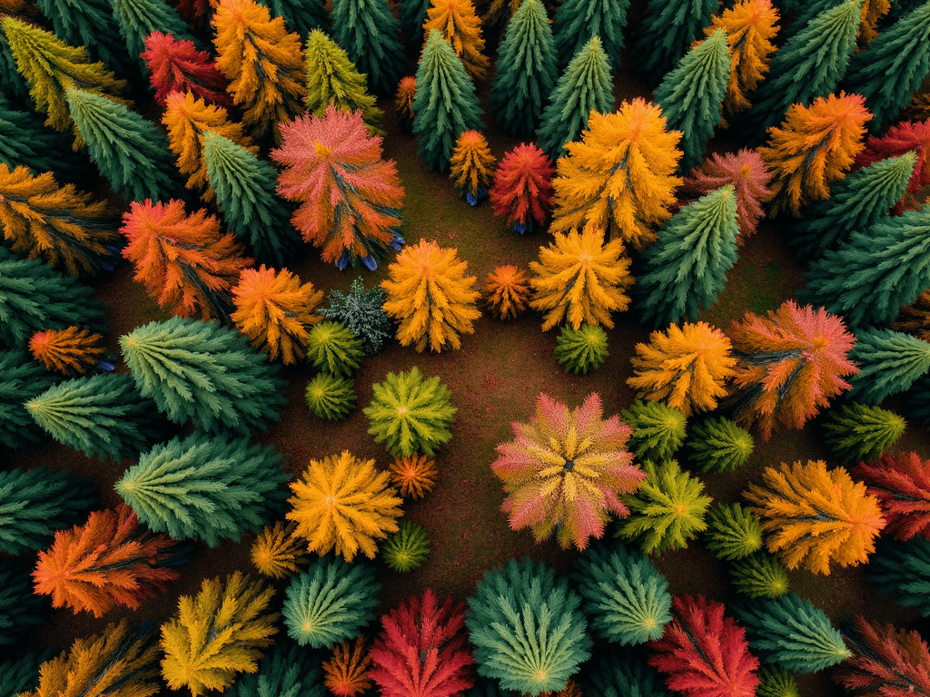 Aerial view of a vibrant forest with conical trees in hues of green, orange, yellow, and red, resembling a colorful autumnal mosaic.