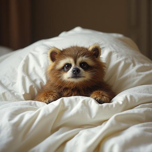A whimsical parody of Courbet's work featuring a fluffy Ewok. Soft white sheets beneath. Ewok peeks out from center. Artistic interpretation evokes humor and playfulness. Baroque color palette adds richness. Soft focus background creates depth.