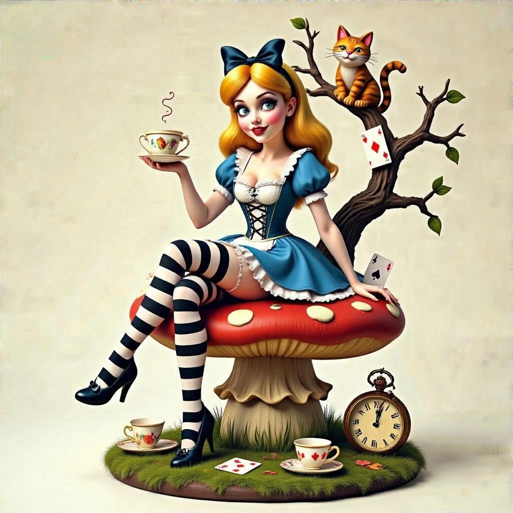 3D sculpture featuring cute adult Alice in Wonderland. Alice sits on a large toadstool holding a teacup. Stylish dress with corset. Playful pose and confident expression. Small tree behind her with a cat. Playing cards on tree trunk. Various Wonderland elements in the scene.