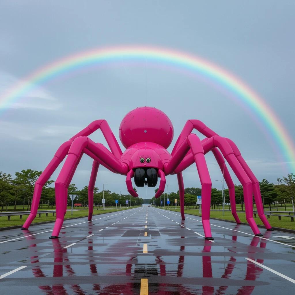 Giant pink spider placed on a road under a vibrant rainbow. The scene is colorful and playful. The spider has large eyes and a cartoonish style. The road is empty and reflects a cloudy sky.