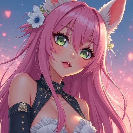 Anime character with pink hair and furry ears. Bright green eyes. Romantic background with soft lighting. Slightly revealing outfit.