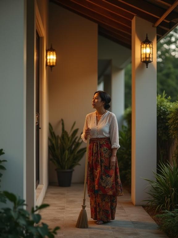 Ultra-realistic cinematic portrait of Indonesian woman on house porch. Woman stands alone holding broom gazing at neighbor's house. She wears kebaya blouse and batik wrap. Soft golden light enhances emotional quiet atmosphere with tropical plants around.