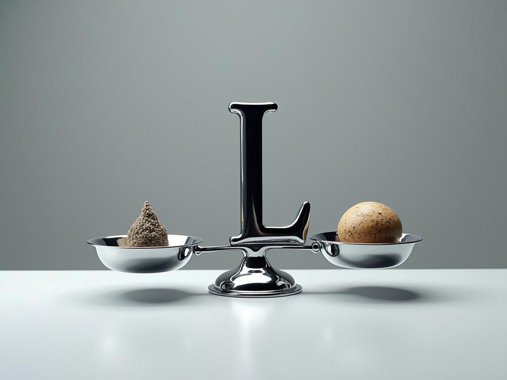 The image features a realistic chrome representation of the letter 'L'. It is designed to resemble a scale, balancing different elements on either side, depicting a metaphor for balance in life or business. The chrome finish reflects light beautifully, giving it a sophisticated appeal. The background is subtle to ensure the focus remains on the 'L'. It is presented on a flat plane, enhancing the visual symmetry and inviting the viewer to reflect on the meaning behind the imagery. Overall, it evokes a sense of polished professionalism.