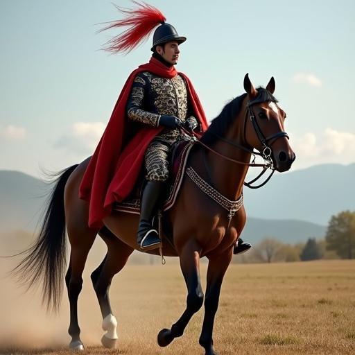 General dressed in elaborate military attire rides a horse. The horse stands majestically amidst a scenic landscape. The general wears a cape and a feathered hat, showcasing a blend of style and authority.