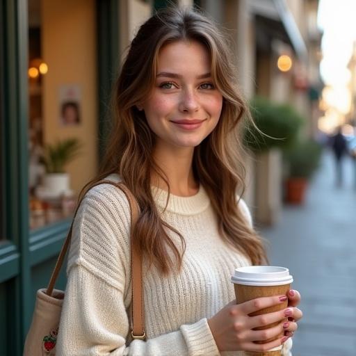 A young woman stands outside a small café. It's mid-morning with soft shadows. She holds a warm coffee cup and has a satisfied expression. The scene captures her contentment after drinking coffee. She wears a loose ivory sweater and light denim skirt. A canvas tote is over her shoulder. There is a quaint street behind her with a pastel café facade. Sunlight highlights the surroundings, creating a serene feeling.