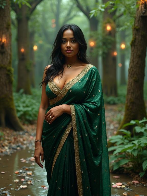 Curvy Indian woman standing confidently in a magical forest wearing a deep green bridal saree with gold embroidery and delicate beading. Wet skin glistening under soft lighting. Surreal forest with giant brush-shaped trees and iridescent leaves. Ground scattered with makeup items like lipsticks and palettes. Shot in ultra high-definition with vibrant colors and mysterious atmosphere.