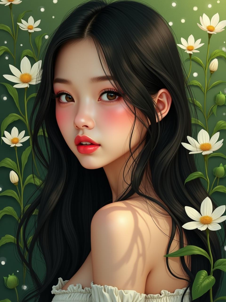 A young woman with long black hair stands amidst a field of daisies. The color palette is soft, featuring tones of green, white, and pink. Her expression is serene, with a gentle smile, and the background is a softly blurred meadow. The lighting is natural, evoking a springtime ambiance.