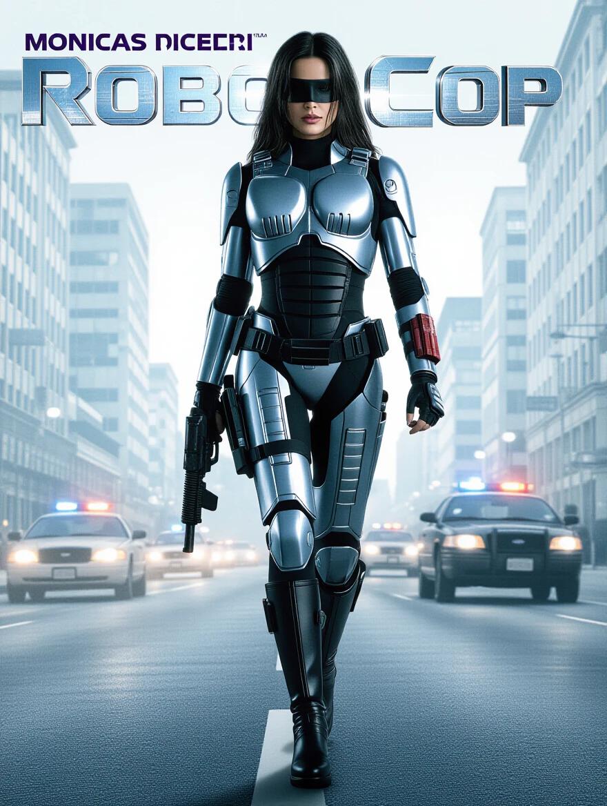 Robocop character with long black hair in futuristic armor holding a gun. Movie poster style with city background and police cars. Central figure walking confidently.