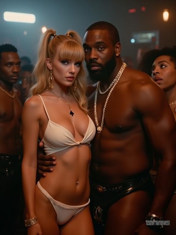 Scene in a nightclub featuring a couple. Woman has long blonde twintails and large bust. She wears a stylish white bikini and high heels. The man is a large black rapper. They are dancing closely together. The woman looks at the viewer. Other men crowd around. Full body shot.