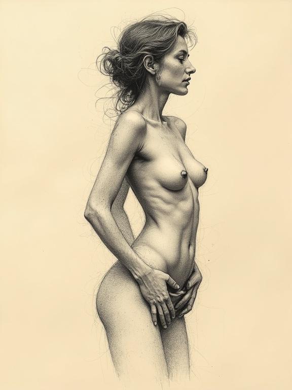 Highly textured pencil sketch of a woman's body. Features evoke emotion and nuance. Woman appears caught in thought. Dynamic pencil marks convey improvisation. Set against warm creamy paper texture.