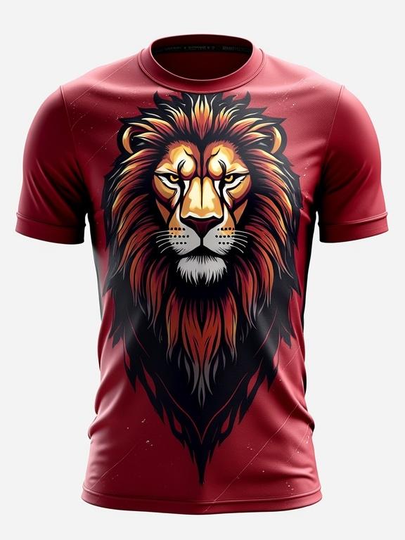 Modern jersey design featuring a lion logo. 'Rumah Merah' in metallic font on a red background. Accented with white and silver. Intricate patterns and gradients for depth. Lion's mane in abstract style with bold brushstrokes. Confident and strong overall look.