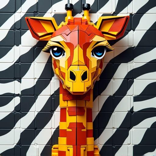 Giraffe constructed from flatpack parts with some pieces unconnected. Background has zebra-striped hexagons. Style combines Piet Mondrian and LEGO instructions. Bright primary colors. Isometric view presents a 2.5D effect.