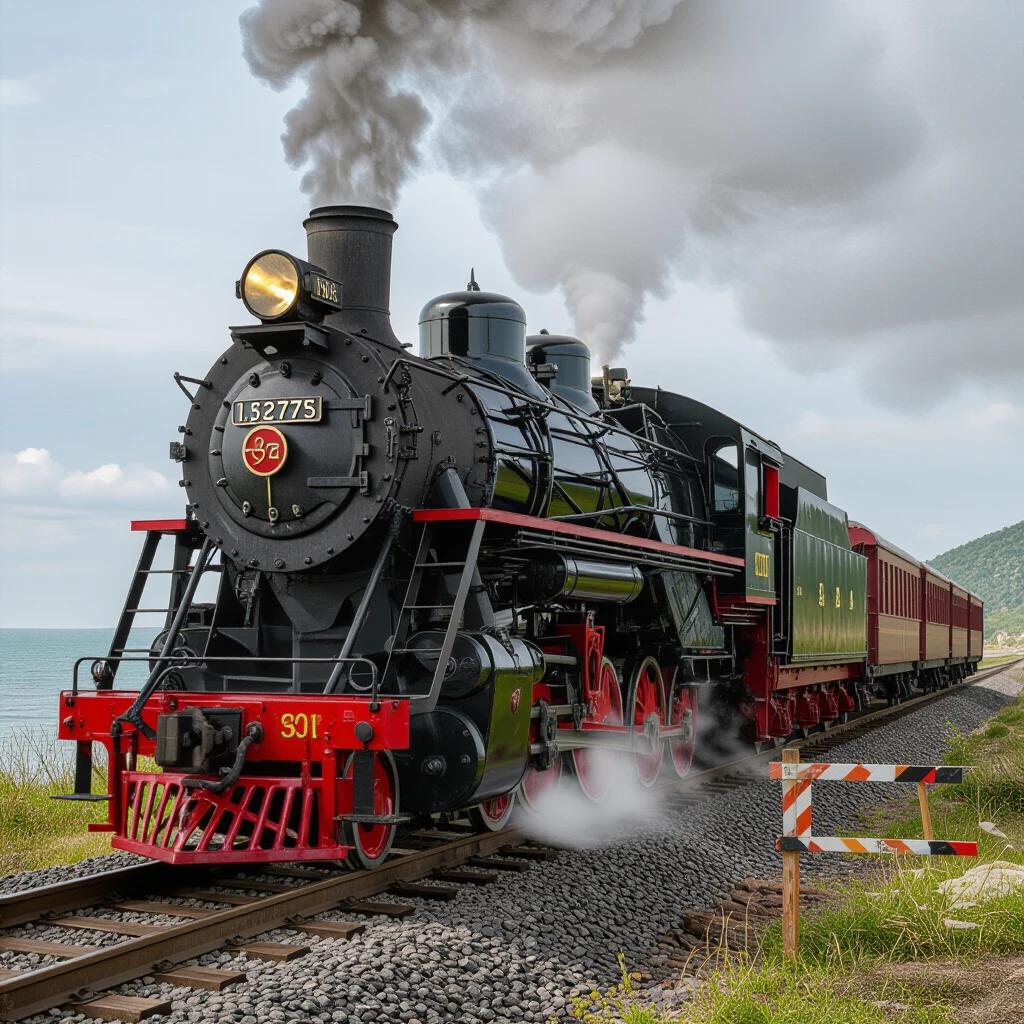 Hyperreal 3D photograph of a gigantic 1870 steam locomotive crossing a road by the Black Sea Coast. The locomotive dominates the frame with visible rivets and rust streaks. Volcanic steam plume rises from the stack. Cars are blurred behind a barrier. The scene includes pine forests and distant peaks. Photonic realism is highly detailed.