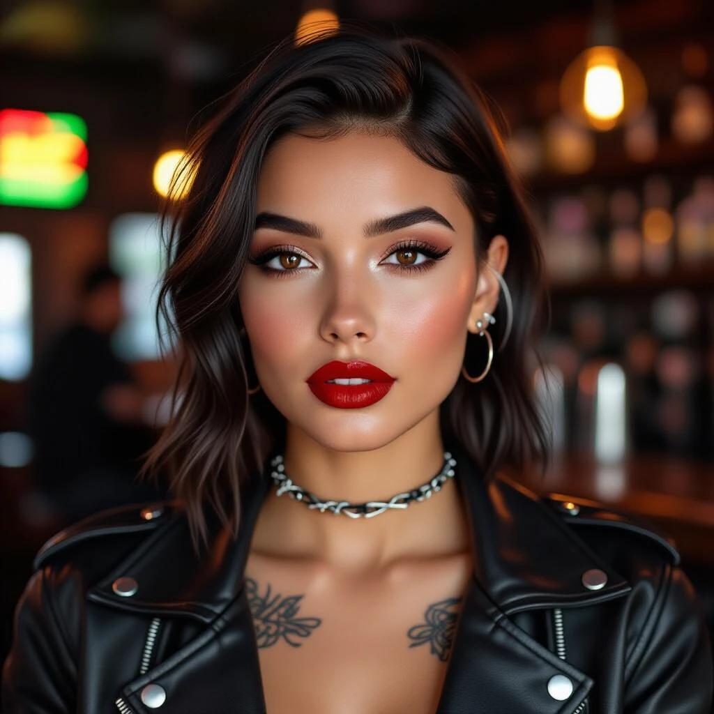 Young woman wears a black leather jacket. A bar serves as the background. She has brown eyes and a fade haircut. Hoops and a barbed wire tattoo decorate her neck. The scene is styled for a nightlife atmosphere.
