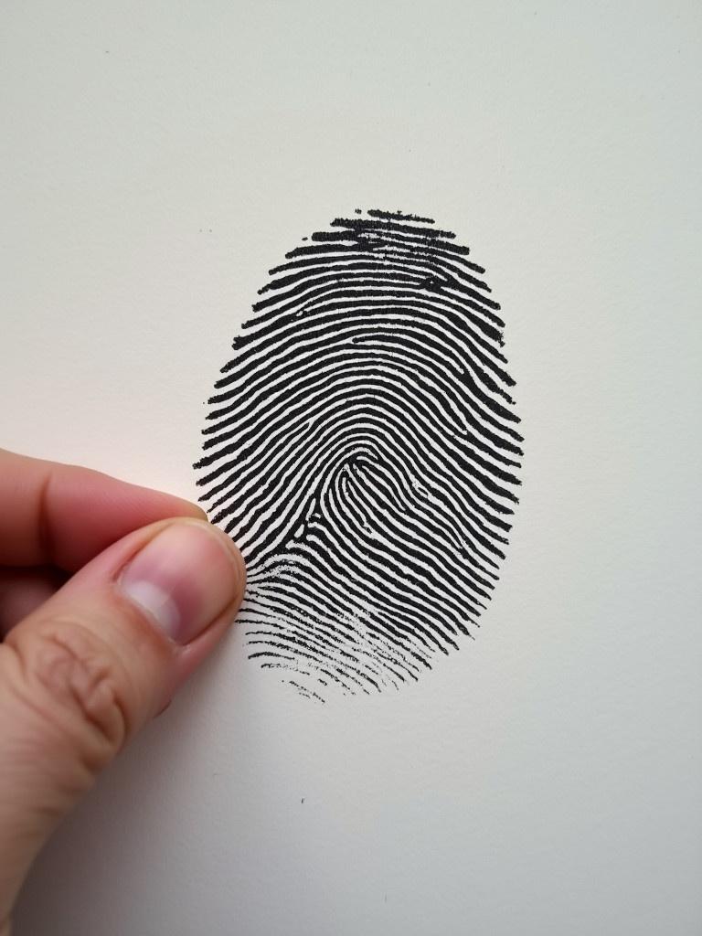 A person holding a fingerprint on a blank background. The fingerprint is printed and appears clear. Focus on the left thumb. The hand is positioned near the fingerprint. The background is white and plain.