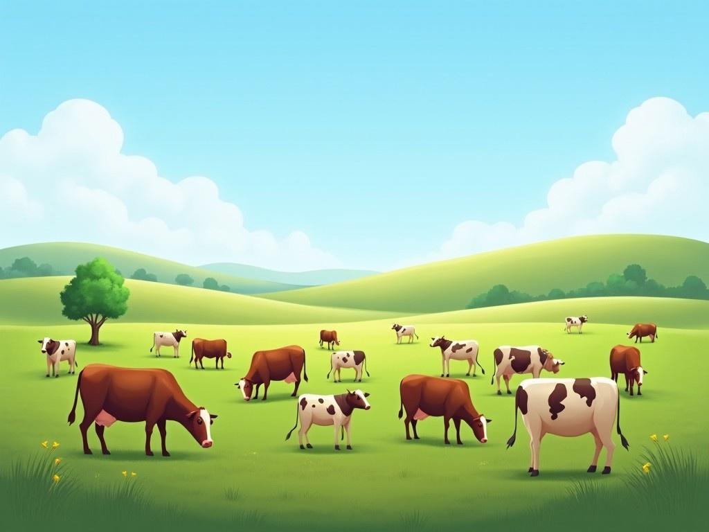 The image depicts a sunny pastoral landscape filled with cows. A variety of cows, some brown and some black and white, are scattered across a lush green field. In the background, gentle hills rise beneath a clear blue sky. A lone tree stands to the left, providing some shade. The setting evokes a peaceful rural atmosphere, typical of a farming environment.