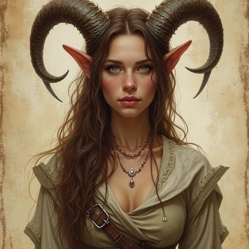 Portrait of a faun woman with horns. Character has brown hair and green eyes. She appears rugged and fierce, dressed like a fighter. The background blends into worn parchment paper at the edges. Digital art inspired by the style of Antonio J. Manzanedo. The overall theme is fantasy and semi-realistic with epic medieval influences.