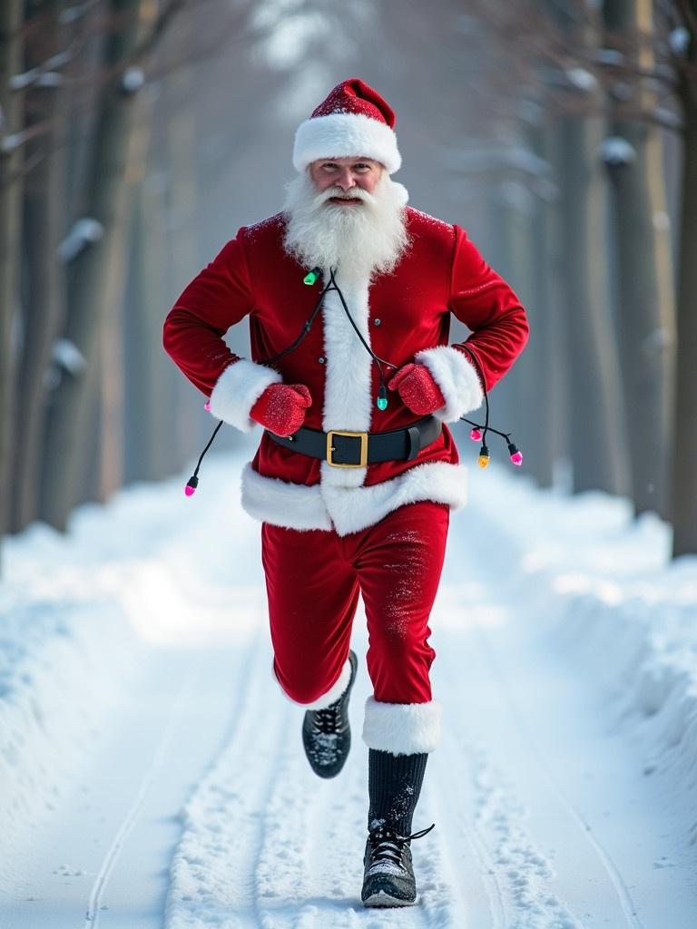 Fit man runs in snow wearing Santa Claus outfit. He wears red speedo and shoes. Christmas lights on arms. Snowy path with trees in background.