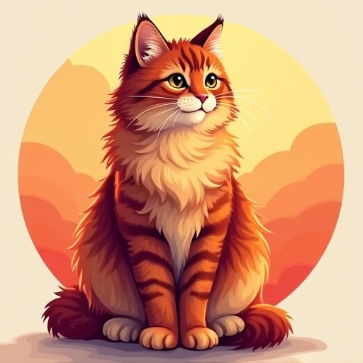 A Maine Coon cat sits with its fluffy coat and tufted ears. The coat displays horizontal stripes in warm orange, deep red, and golden yellow. The background is a circular design featuring a glowing amber sun with soft peachy clouds.