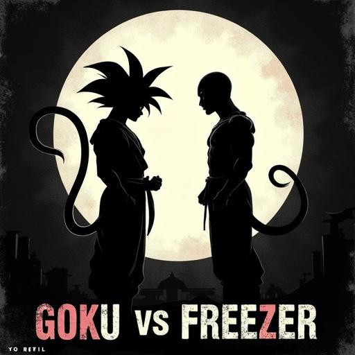 Artistic album cover depicting silhouettes of Goku and Freezer in confrontation. Goku in martial arts gi with spiky hair. Freezer in final form with sleek bald head and tail. Dramatic circular light glow in background. Distressed font for title GOKU VS FREEZER at the bottom. Gritty textures and grainy finish.