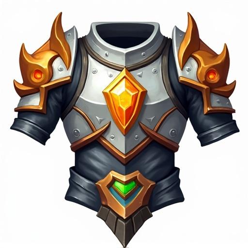 Icon of a legendary breastplate featuring silver and white with orange, black, and green accents for a card game. Designed in the style of World of Warcraft. Size 48 x 48 pixels with a transparent background.