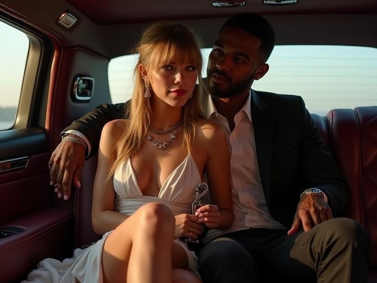 Photorealistic image of a couple in a limousine. Young woman in striking outfit holds an award. She has long blonde hair and wears high heels. Her boyfriend, with a stylish look, holds her closely. They exude happiness and style.