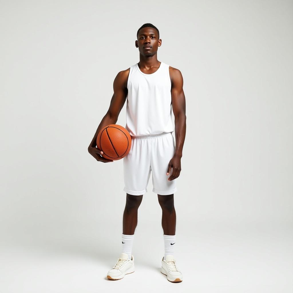 The image features a young male athlete confidently posing while holding a basketball. He is dressed in a sleek white sleeveless sports outfit paired with matching sneakers and socks. The minimalist background emphasizes his athletic build and focused expression, creating a striking visual. The neutral lighting enhances the details of his physique as well as the basketball. This setup effectively highlights the sporty theme and appeal of athleticism.