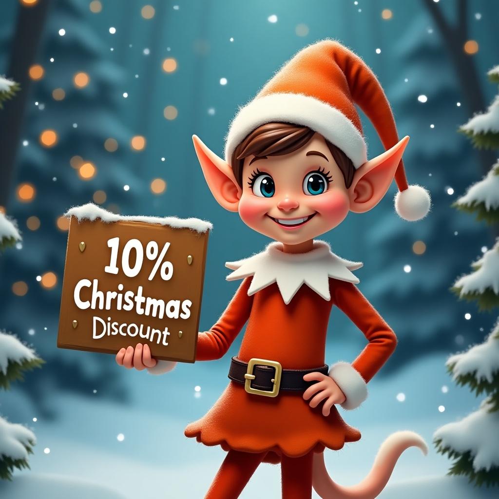 Orange elf wearing festive clothing holds a discount sign. Background includes snow-covered trees and northern lights. Scene evokes Christmas spirit.