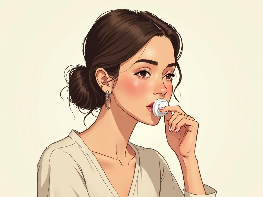 Illustration of an adult woman holding a pacifier. She has a simple outfit and light, natural hair. The image has a soft background.