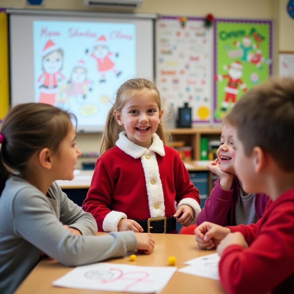 Kids discuss creating a Santa detector in a classroom. They enthusiastically brainstorm and collaborate on ideas. Vibrant colors fill the room. Happy faces with excitement in a festive atmosphere.