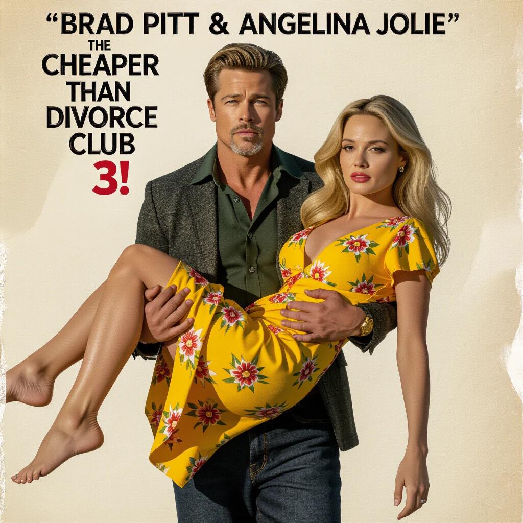 Torn movie poster featuring Brad Pitt as The Husband. He carries an unconscious blonde woman in a yellow floral sundress. The title is 'THE CHEAPER THAN DIVORCE CLUB 3!'. A vintage HAMMER Studios style is present. Insanely detailed and hyperrealistic with dramatic side lighting.