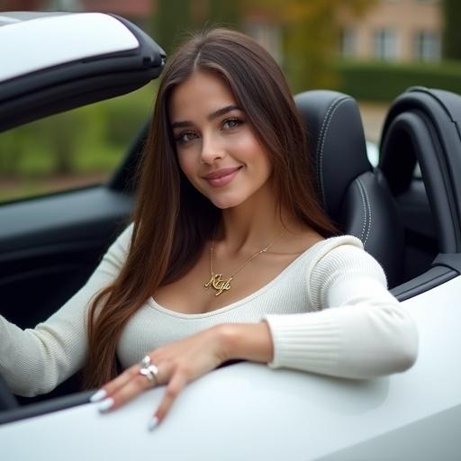 Young woman with long brown hair in stylish white Lamborghini. Wears white sweater and flared leggings. Showcases light blue nails and ring. Necklace with name 'Kayli'. Smiling with cute eyes.