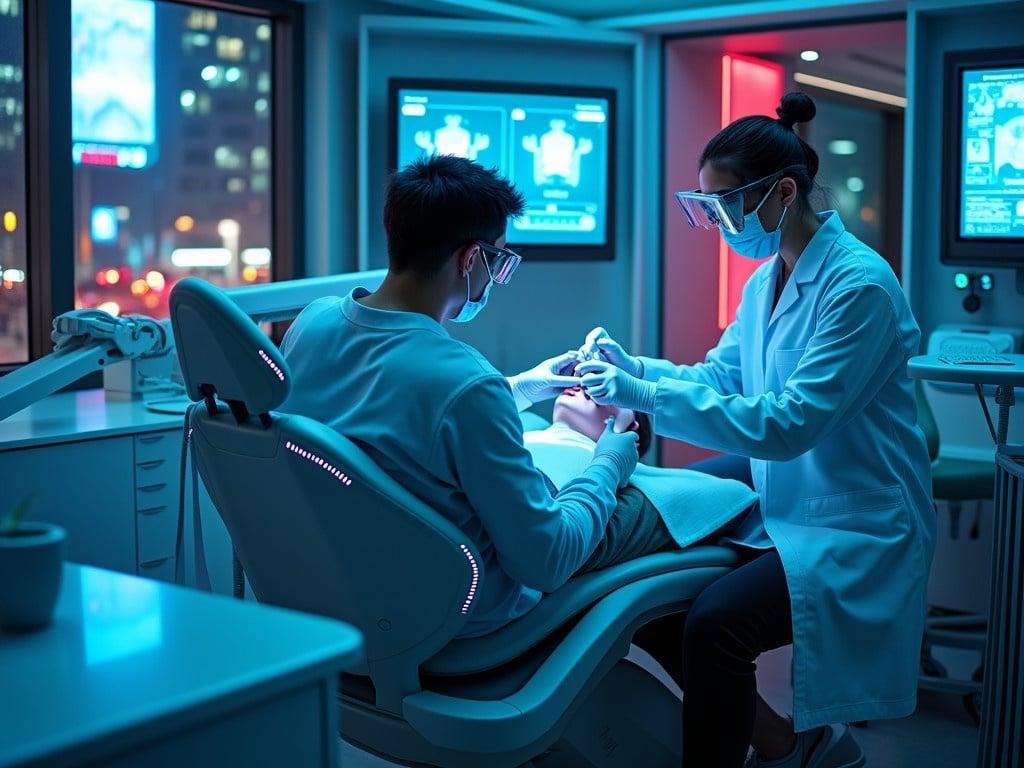 The scene is set in a modern dental clinic, bathed in neon lights that flicker softly, reminiscent of a cyberpunk world. A patient reclines in a high-tech dental chair that glows with LED accents, their eyes wide with nervous anticipation. The dentist, clad in futuristic attire and augmented goggles, bends over, diligently working with advanced dental tools that emit holographic displays. Surrounding the room is a sleek design, with walls adorned in cool blue tones and screens illuminating dental clips, creating a seamless blend of technology and healthcare. Outside the window, hints of a bustling cyber metropolis can be seen, with neon signs and moving vehicles, giving a stark contrast to the calm of the clinic.