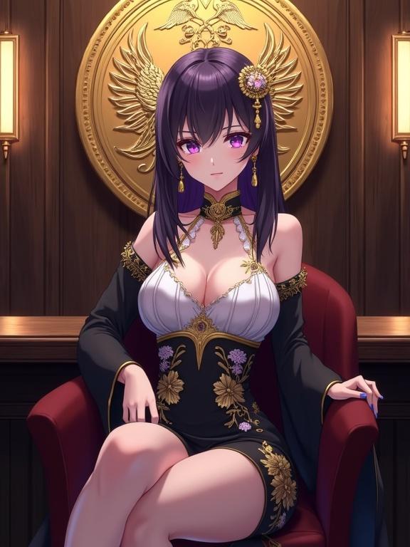 Cinematic anime-style illustration of a fair-skinned lady with dark violet hair and gold kanzashi. She has large light purple eyes and wears an outfit combining white, violet, and gold. The scene is set in a luxurious bar interior with warm lighting and a golden emblem on the wall.